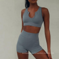 Trendy Activewear Biker Shorts Sets Rib Sportswear Outfit Sports Bra And Shorts Set Women Ribbed Yoga Set